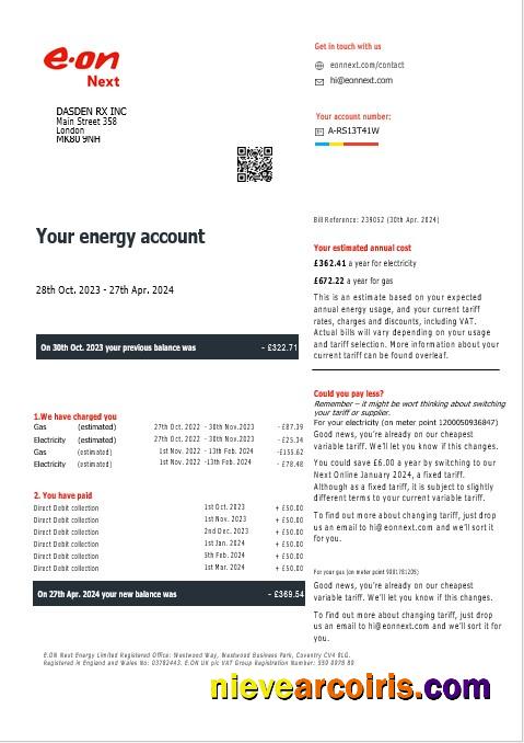 United Kingdom Eon gas and electricity business utility bill, version 7